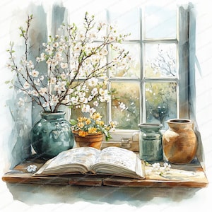 20 Frühling Buchecke Clipart | Blühende Fensterzweige | Druckbare Aquarell Clipart | Hochwertige JPGs | Papiermodell | Junk Journal