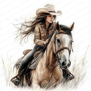 18 Cowgirl Woman on Horse Clipart Bundle | Printable Watercolor Clipart | High Quality JPGs | Digital Download | Paper Craft | Junk Journal