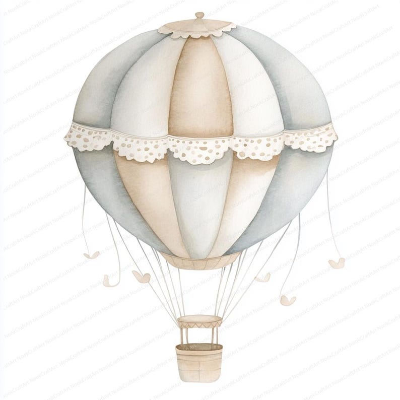 Op de afbeelding: Een aquarel-illustratie van een lichtblauwe en beige luchtballon met een witte kantversiering. De ballon heeft een mand en is vastgebonden met touwen. De ballon zweeft in de lucht.