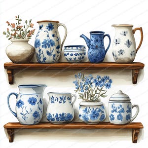 May include: A watercolour illustration of ceramic jugs, vases, and bowls with blue floral patterns. The items are arranged on two wooden shelves. Some vases hold flowers. The colour palette is primarily white and blue.