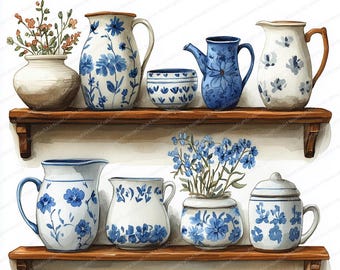 24 Ceramic Jug Shelf Clipart | Rustic Pottery Display Illustrations | Printable Watercolor clipart | High Quality JPGs | Paper craft