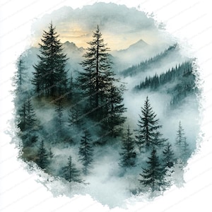 18 Misty Forest Tree Clipart | Enchanting Woodland Fog Art | Printable Watercolor clipart | High Quality JPGs | Paper craft | Junk journal