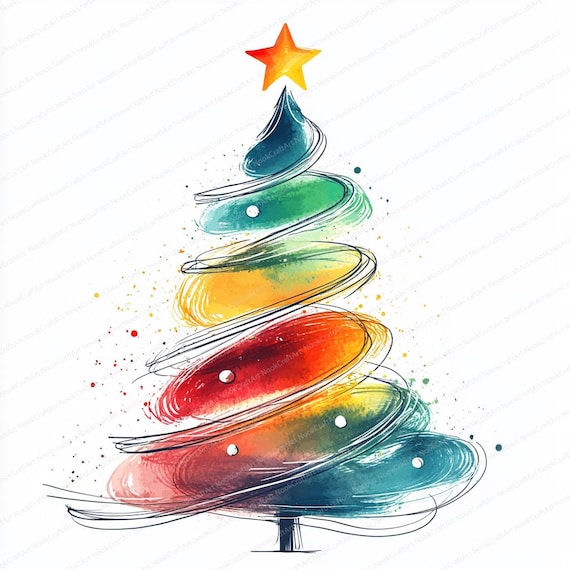 24 Minimalist Christmas Tree Line Clipart | One-Line Holiday Art Design | Printable Watercolor clipart | High Quality JPGs | Paper craft