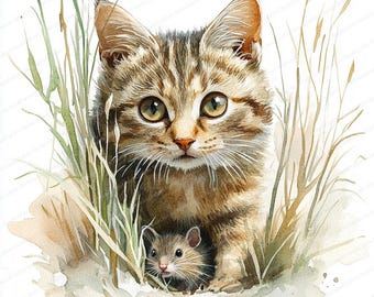 けいページ お取り置き中 自作絵画 お気に入りの一輪 猫とネズミ