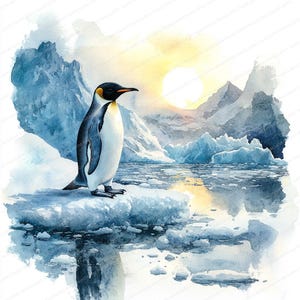 17 imágenes prediseñadas de pingüino en el hielo / Adorable diseño de pingüino con pez / Imágenes prediseñadas de acuarela imprimibles / JPG de alta calidad / Manualidades de papel