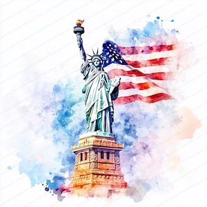 14 Cliparts da Estátua da Liberdade e da Bandeira dos EUA | Arte em aquarela para impressão | JPGs de alta qualidade | Download digital | Artesanato em papel | Diários