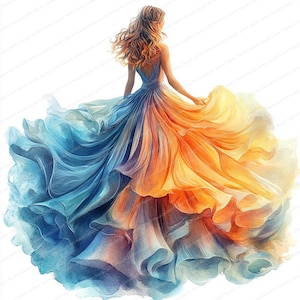 Puede incluir: Ilustración en acuarela de una mujer con un vestido fluido. El vestido hace la transición del azul al naranja, con capas de tela que crean un efecto dinámico y aireado. La mujer tiene el pelo largo y pelirrojo, y se ve de espaldas.