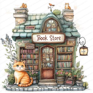 Whimsical Book Store Clipart | Livraria | Fantasia | 14 JPGs de alta qualidade | Clipart de aquarela para impressão | Download digital | Artesanato em papel