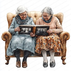May include: Two women sit on a brown leather couch, looking at a photo album together. The album is open to a page with black and white photos of people. The women are wearing casual clothing and have gray hair.