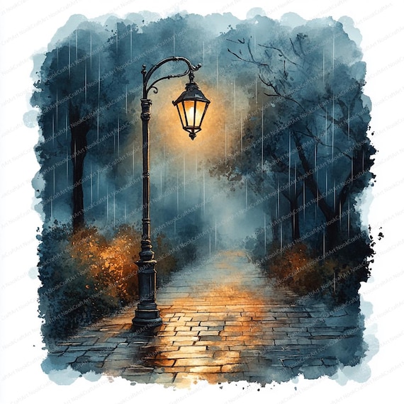 22 街灯 雨の歩道 クリップアート | 夜間の都市風景イラスト | 印刷