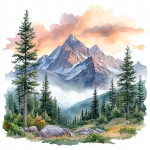 Puede incluir: Pintura a la acuarela de un paisaje de montaña con un bosque en primer plano. La imagen presenta altos árboles de hoja perenne, terreno rocoso y una cordillera con picos nevados bajo un cielo de atardecer con nubes naranjas y rosas.