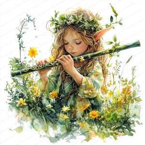 14 Elfe jouant de la flûte Clipart | Art musical lunatique de la forêt | Clipart aquarelle imprimable | JPG de haute qualité | Créations artisanales en papier | Journal indésirable