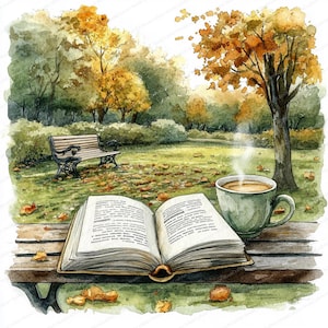 18 imágenes prediseñadas de banco de libros y café / Escena de relajación en un parque sereno / Imágenes prediseñadas de acuarela imprimibles / JPG de alta calidad / Manualidades de papel / Diario