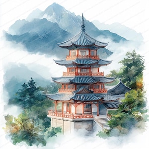 20 bergpagode-afbeeldingen | Chinese landschapsillustratie | Afdrukbare aquarel clipart | Hoge kwaliteit JPG's | Papierkunst | Junkjournaal