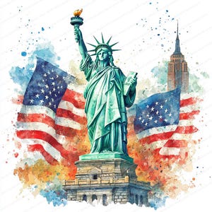 15 Estátua da Liberdade Clipart | Bandeiras dos EUA Arte Digital | Clipart de aquarela para impressão | JPGs de alta qualidade | Papel artesanal | Diário de lixo