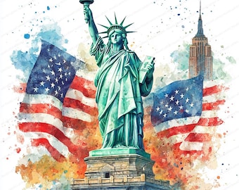 自由の女神像、アメリカ国旗、デジタルダウンロード、水彩 自由の女神像、アメリカ国旗、デジタルダウンロード、水彩
