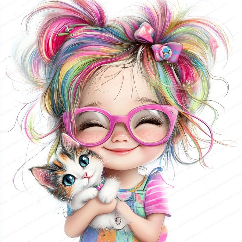 May include: A cartoon illustration of a girl with rainbow hair wearing pink glasses and a pink and blue striped dress. She is holding a white and brown kitten with blue eyes.