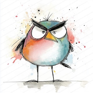Puede incluir: Ilustraci&oacute;n en acuarela de un p&aacute;jaro enfadado con una expresi&oacute;n severa. El p&aacute;jaro presenta una mezcla de tonos azules, naranjas y rosas, con acentos negros y un pico amarillo. El fondo tiene salpicaduras de pintura coloridas.