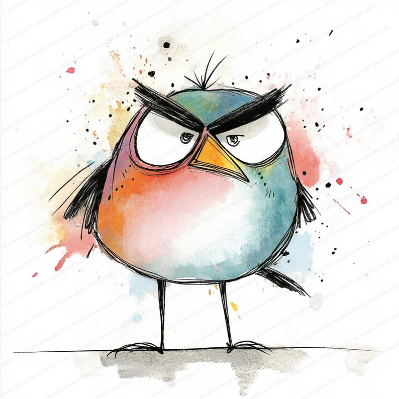 Puede incluir: Ilustraci&oacute;n en acuarela de un p&aacute;jaro enfadado con una expresi&oacute;n severa. El p&aacute;jaro presenta una mezcla de tonos azules, naranjas y rosas, con acentos negros y un pico amarillo. El fondo tiene salpicaduras de pintura coloridas.