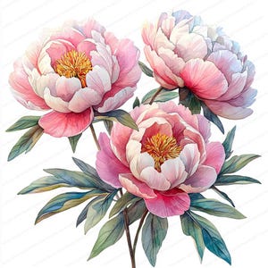 22 Pfingstrose Clipart Sammlung | Rosa und weiße Blumengrafiken | Druckbare Aquarell Clipart | Hochwertige JPGs | Papiermodell | Junk Journal