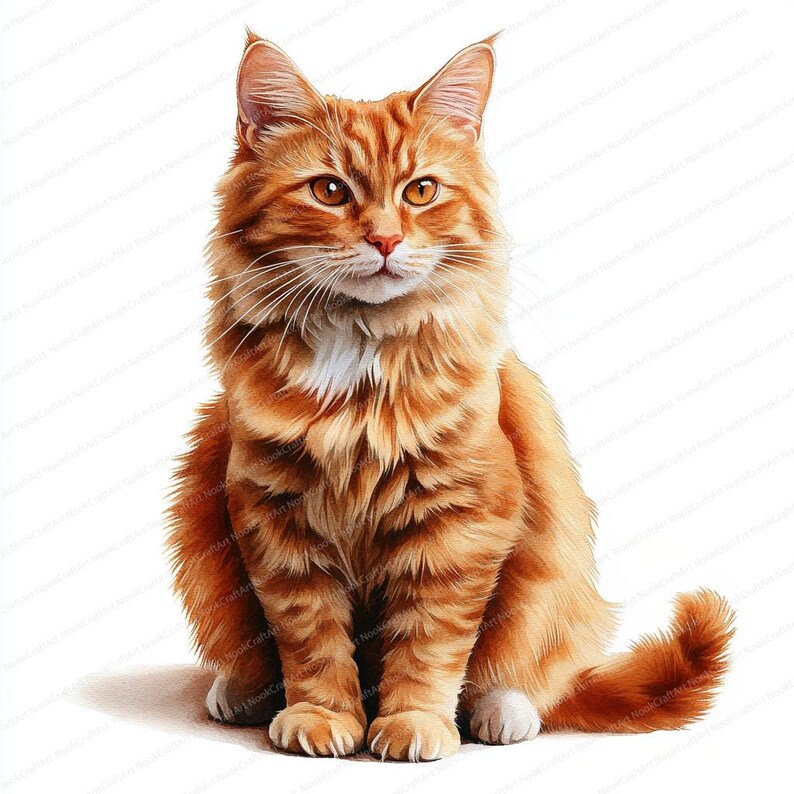 May include: A close-up of a ginger cat sitting with its front paws tucked in and looking directly at the camera. The cat has a white patch on its chest and a fluffy tail.