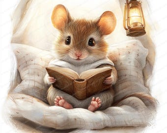 14 Imágenes prediseñadas de ratón con libros / Dormitorio de ratón / Imágenes prediseñadas de acuarela imprimibles / JPG de alta calidad / Descarga digital / Manualidades de papel