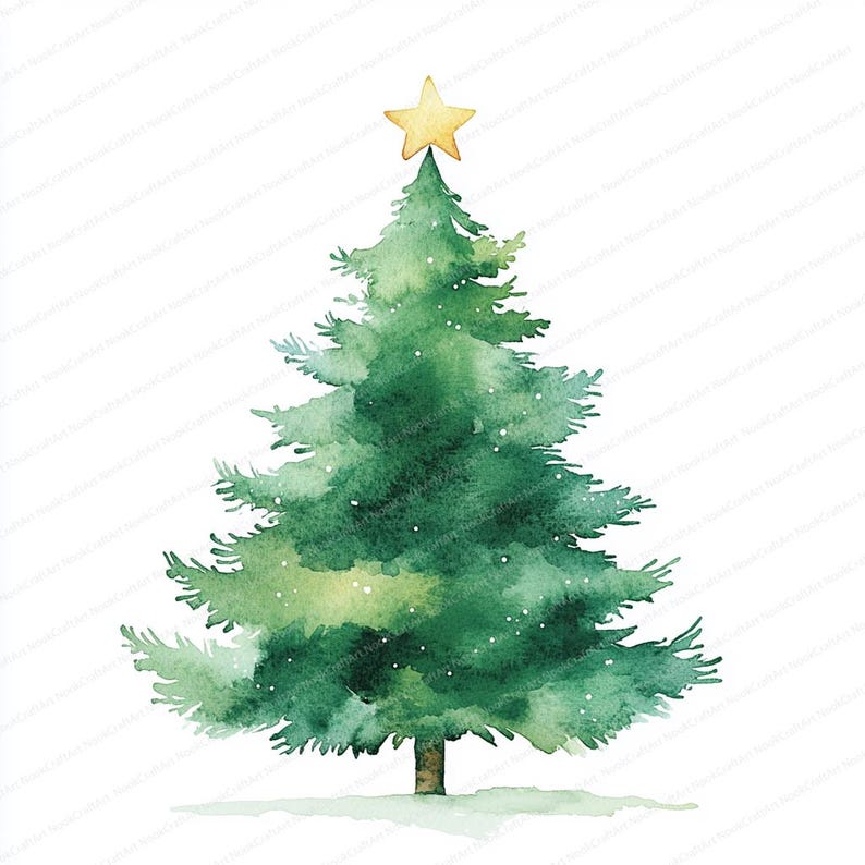 Peut inclure: Illustration &agrave; l'aquarelle d'un sapin de No&euml;l. L'arbre est d'un vert vif avec une &eacute;toile dor&eacute;e au sommet. L'&oelig;uvre a un style doux et pictural, avec des ombres subtiles et une l&eacute;g&egrave;re saupoudrage de blanc. L'arbre est sur fond blanc.