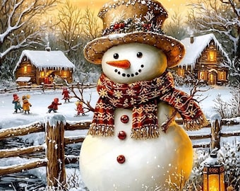 Può includere: Un allegro pupazzo di neve con una sciarpa rosso e bianca e un cappello marrone si trova in un paesaggio invernale innevato. Il pupazzo di neve è di fronte a una piccola casa di legno con una finestra illuminata. Ci sono bambini che giocano nella neve sullo sfondo.