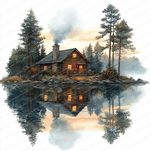 22 Vissershut aan het meer Clipart | Zomerzonsopganglandschap | Afdrukbare aquarel clipart | Hoge kwaliteit JPG's | Papierkunst | dagboek