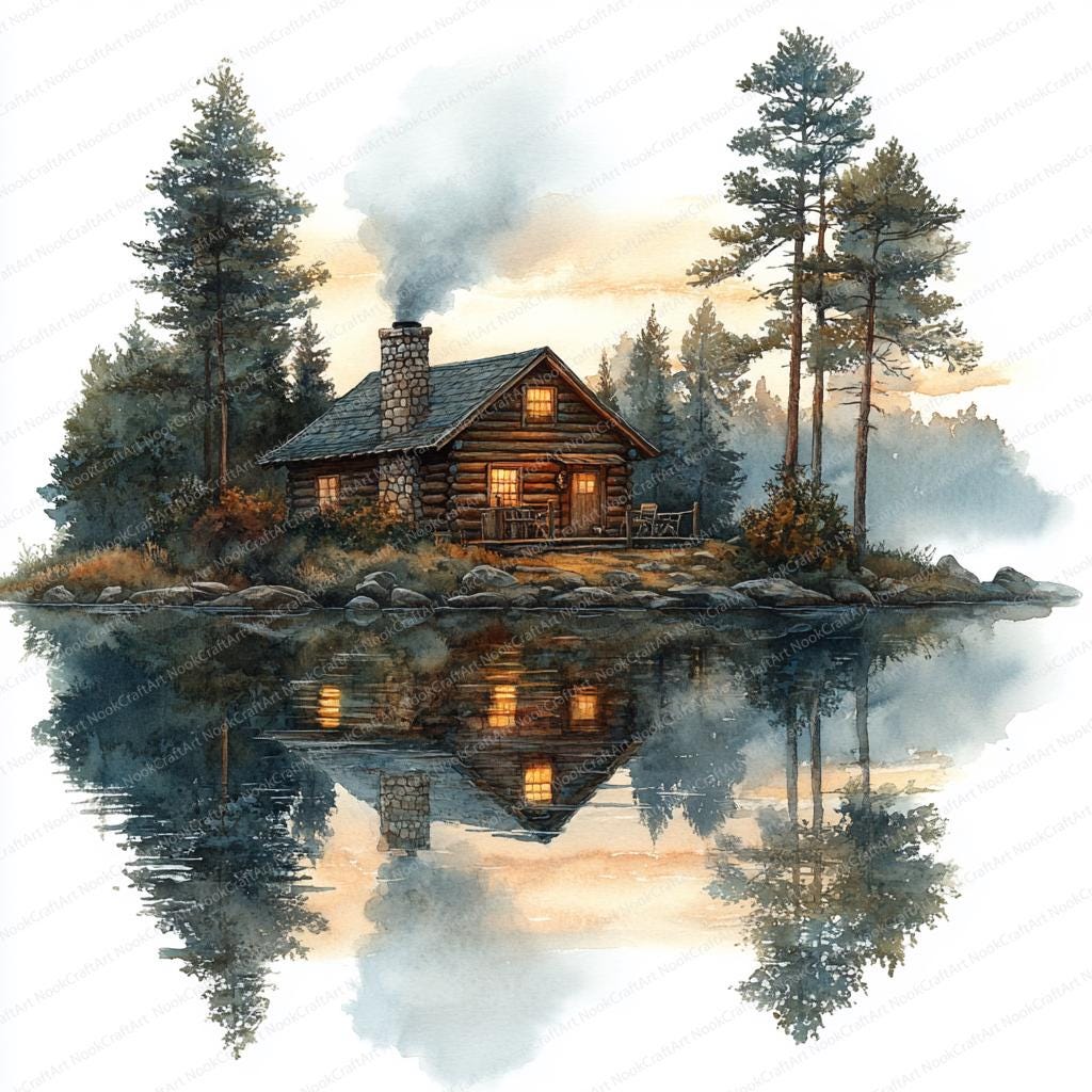 Watercolor Lake Cabin - Etsy, image size:1024x1024