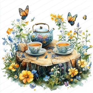 21 Clipart Service à thé Forêt | Scène de table de souche forestière | Clipart aquarelle imprimable | JPG de haute qualité | Créations artisanales en papier | Journal indésirable