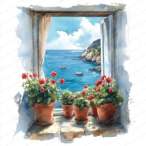 May include: Watercolour painting of a window with a sea view. Red geraniums in terracotta pots are on the windowsill. The open window shows a blue sea with sailboats and a distant coastline under a cloudy sky.