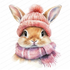 14 ふわふわのスカーフを巻いたウサギのクリップアート | 心地よい冬のウサギ | 印刷可能な水彩画のクリップアート | 高品質の JPG | デジタル ダウンロード | ペーパー クラフト