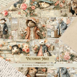 Könnte beinhalten: Eine Collage von Journalseiten im Vintage-Stil mit Illustrationen von Mäusen in viktorianischer Kleidung. Die Mäuse sind von Rosen und anderen floralen Elementen umgeben. Der Text "Victorian Mice" und "24 Journalseiten, 27,9x21,6cm, 300 DPI" sind ebenfalls vorhanden.