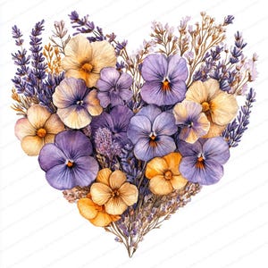 Pode incluir: Ilustração em aquarela de um arranjo floral em forma de coração. O arranjo apresenta amores-perfeitos roxos e amarelos, raminhos de lavanda e outras flores secas. A obra de arte está em um fundo branco.