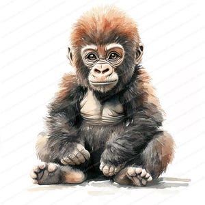 May include: Watercolor illustration of a baby gorilla sitting with its legs crossed. The gorilla has brown fur on its head and shoulders, with darker fur on its body. The gorilla's face is detailed with large, expressive eyes and a gentle expression.