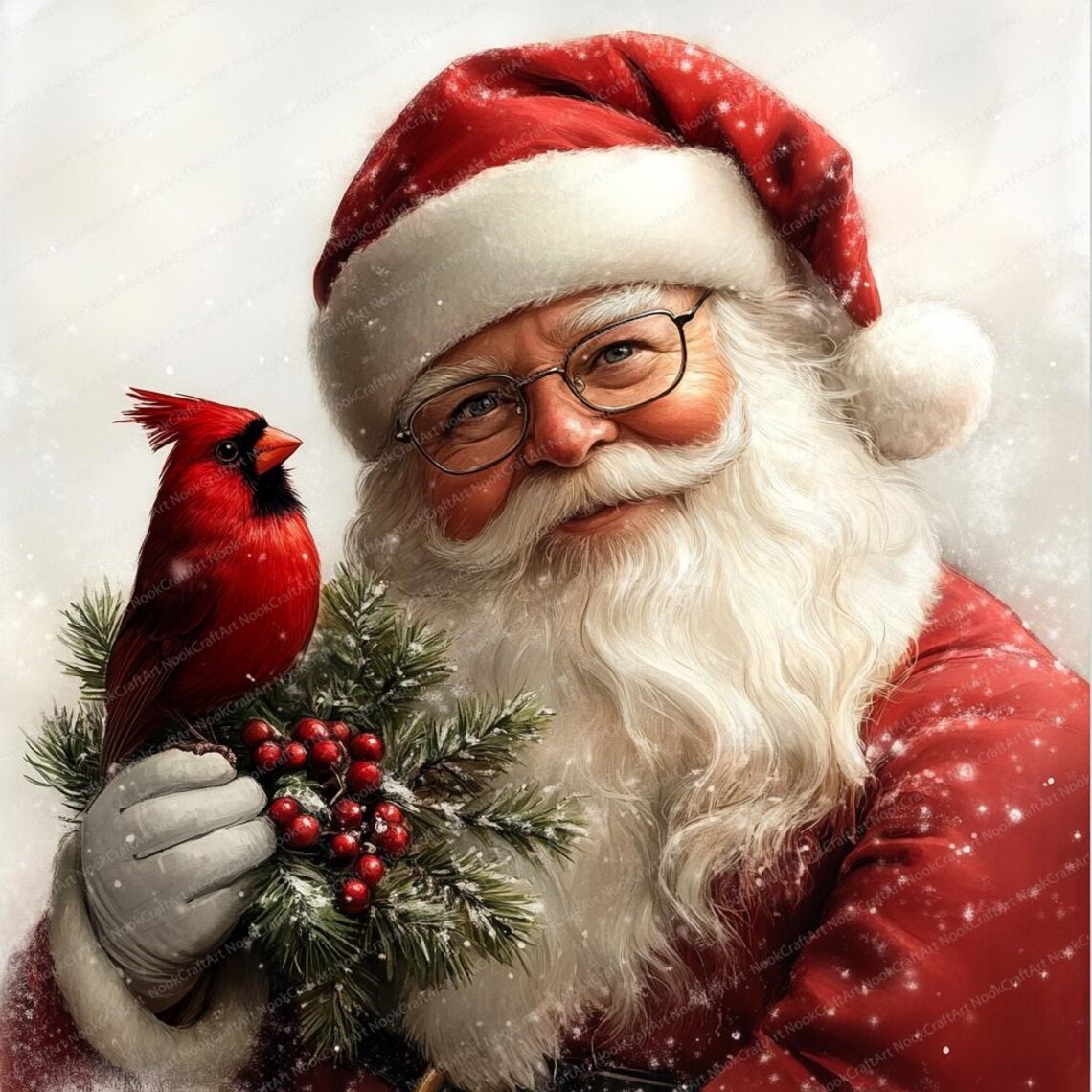 14 Vintage Santa With Cardinal Clipart | Printable Watercolor Clipart ...
