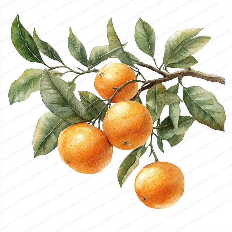 May include: A branch of a citrus tree with four ripe oranges. The oranges are a bright orange color and have a smooth, shiny skin. The leaves are a deep green color and have a glossy finish.