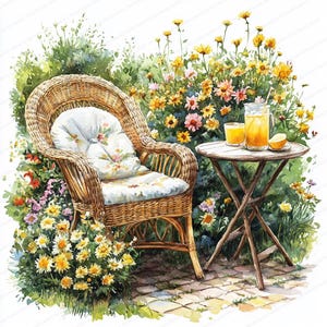 19 Imágenes prediseñadas de escena de jardín de verano / Ilustración de silla de mimbre y flores / Imágenes prediseñadas de acuarela imprimibles / JPG de alta calidad / Manualidades de papel