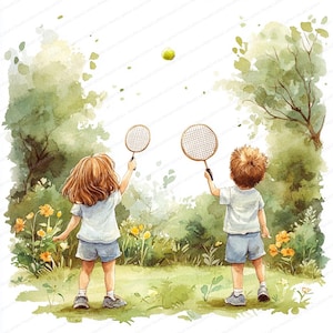 14 cliparts enfants badminton | Illustration sportive ludique sur la pelouse | Clipart aquarelle imprimable | JPG de haute qualité | Créations artisanales en papier | Journal indésirable