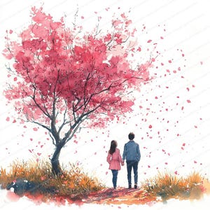 20 ロマンチックなカップルの花の木の下のクリップアート | 手をつないでいるラブシーンのイラスト | 印刷可能な水彩画のクリップアート | ペーパークラフト | ジャーナル