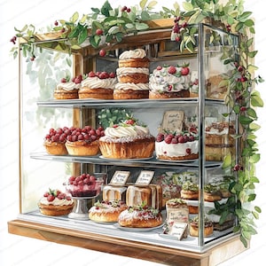 Op de afbeelding: Waterverfillustratie van een bakkerijvitrine gevuld met diverse taarten en gebak. De taarten zijn versierd met witte glazuur en verse frambozen. Groen en rode bessen sieren de bovenkant van de vitrine, wat een natuurlijk tintje aan de scène geeft.