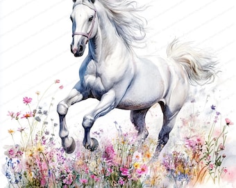 14 caballos florales en flor / Clipart de acuarela imprimible / JPG de alta calidad / Descarga digital / Manualidades de papel / Diario basura