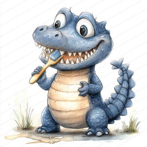 19 Crocodile Tooth Brushing Clipart | Ilustração de higiene dental de animal de desenho animado | Clipart de aquarela para impressão | JPGs de alta qualidade
