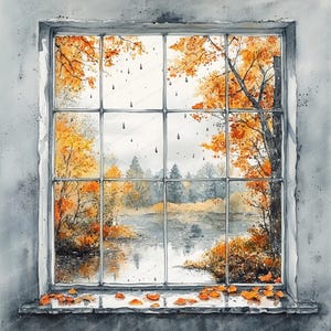 Puede incluir: Pintura a la acuarela de una ventana con vistas a un paisaje otoñal. El marco de la ventana es gris, y la vista incluye árboles con hojas naranjas y amarillas, un lago y lluvia. Hojas caídas descansan en el alféizar.