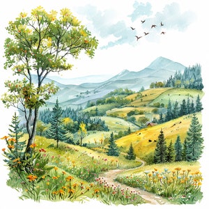 Imágenes prediseñadas de paisajes de verano, imágenes prediseñadas de primavera, imágenes prediseñadas de acuarela imprimibles, JPG de alta calidad, descargas digitales, artesanía en papel, revistas basura