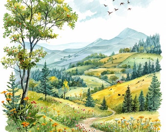Sommer Landschaft Clipart, Frühling Clipart, druckbare Aquarell Clipart, hochwertige JPGs, digitale Downloads, Papiermodelle, Junk-Magazine
