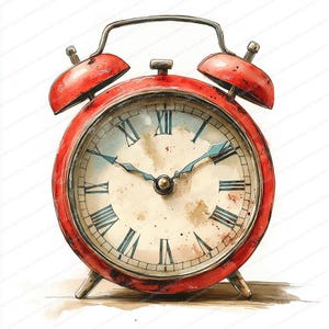 Peut inclure: Un réveil rouge de style vintage avec une finition vieillie. Le cadran de l'horloge affiche des chiffres romains et des aiguilles bleues. La montre a deux cloches sur le dessus et repose sur trois petits pieds. Le design a une esthétique classique et rétro.