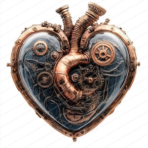 May include: Steampunk heart sculpture with copper and brass detailing. The heart features visible gears, tubes, and a clear, curved glass front, showcasing intricate internal mechanics. The design evokes a blend of industrial and romantic aesthetics.