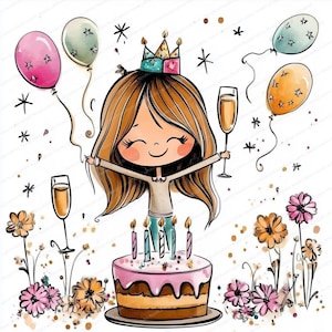15 Quirky Birthday Girl Clipart | Fun Birthday Designs | High-Quality JPG Files | Digital Download | Printables with Commercial License